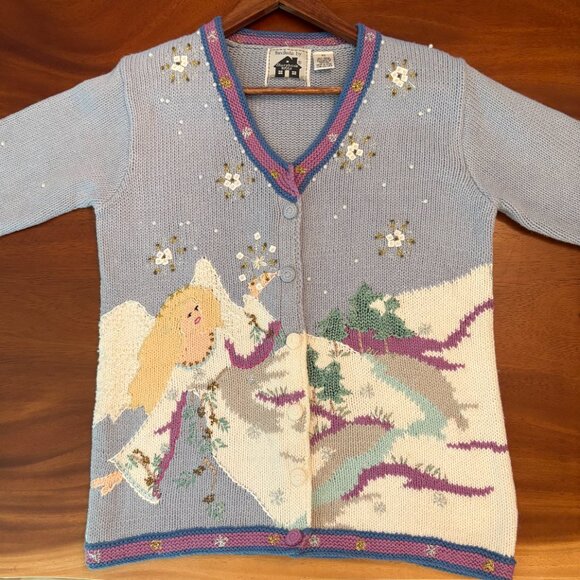 Hand Knit Storybook Cardigan Sweater Ugly Christmas Angel Snow Trees 90s Size M - Picture 6 of 11